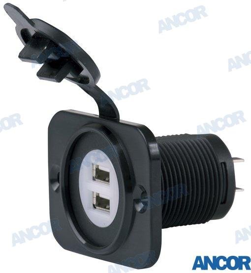 BASE 12VDC 2 USB CARGADOR 5V 2.1A C/LUZ Ancor AM12VDUSB